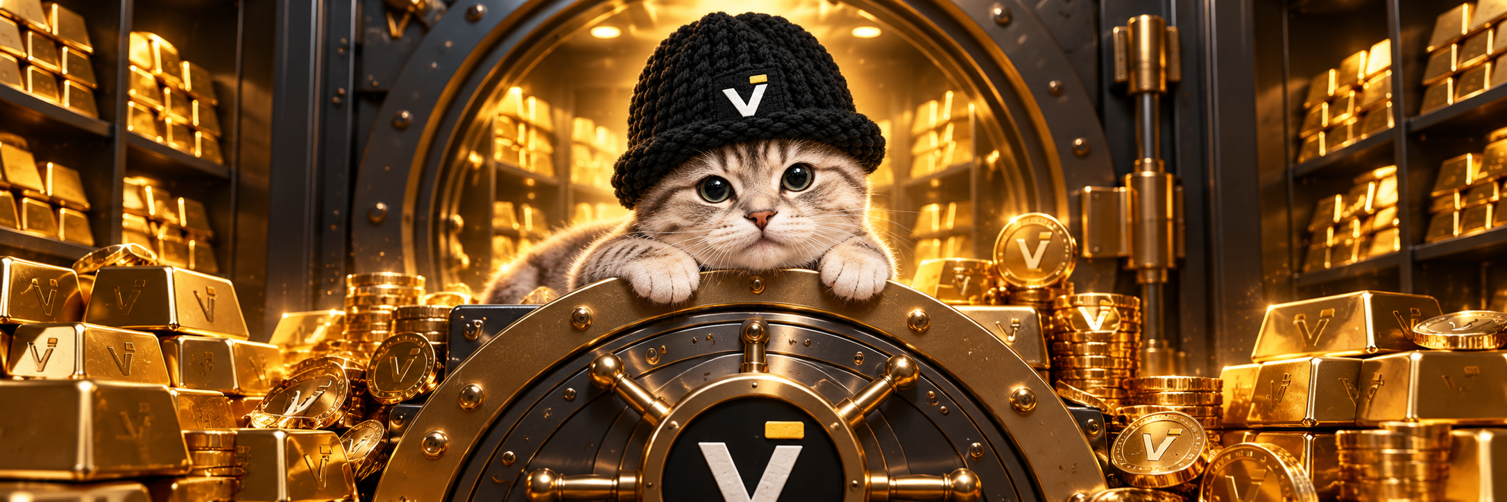 The catwifvault cat in its black beanie, peeking over a round vault door inside a vault lined with gold bars